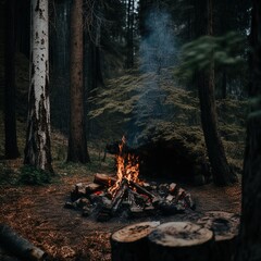 A roaring campfire outdoors. 