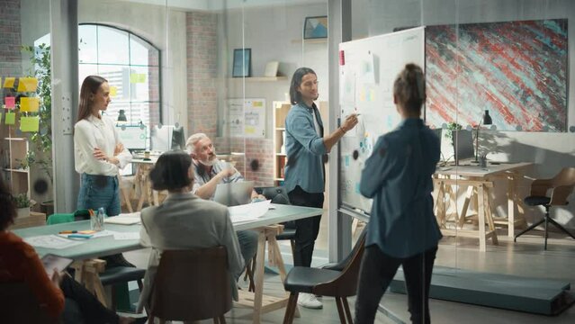 Multiethnic Business Team Discussing Strategy in a Meeting Room at the Office. Latin Male Designer Brainstorming with Heads of Departments and Deciding on a Marketing campaign for New Product Launch