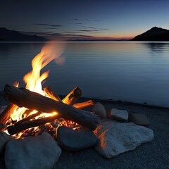 A roaring campfire outdoors. 