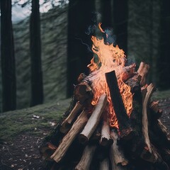 A roaring campfire outdoors. 