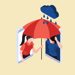 Woman holding umbrella on her upset friend isometric 3d vector illustration concept for banner, website, illustration, landing page, flyer, etc.