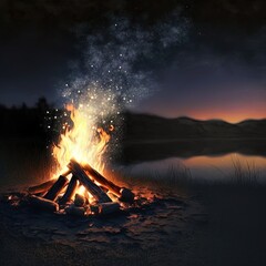 A roaring campfire outdoors. 