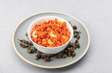 Gajar ka halwa is a delicious carrot-based sweet dessert pudding from Punjab, India. Served in winters, weddings and festivals.