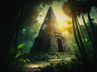 Ancient or alien piramid landmarc architecture in a tropical rainforest environment during sunset