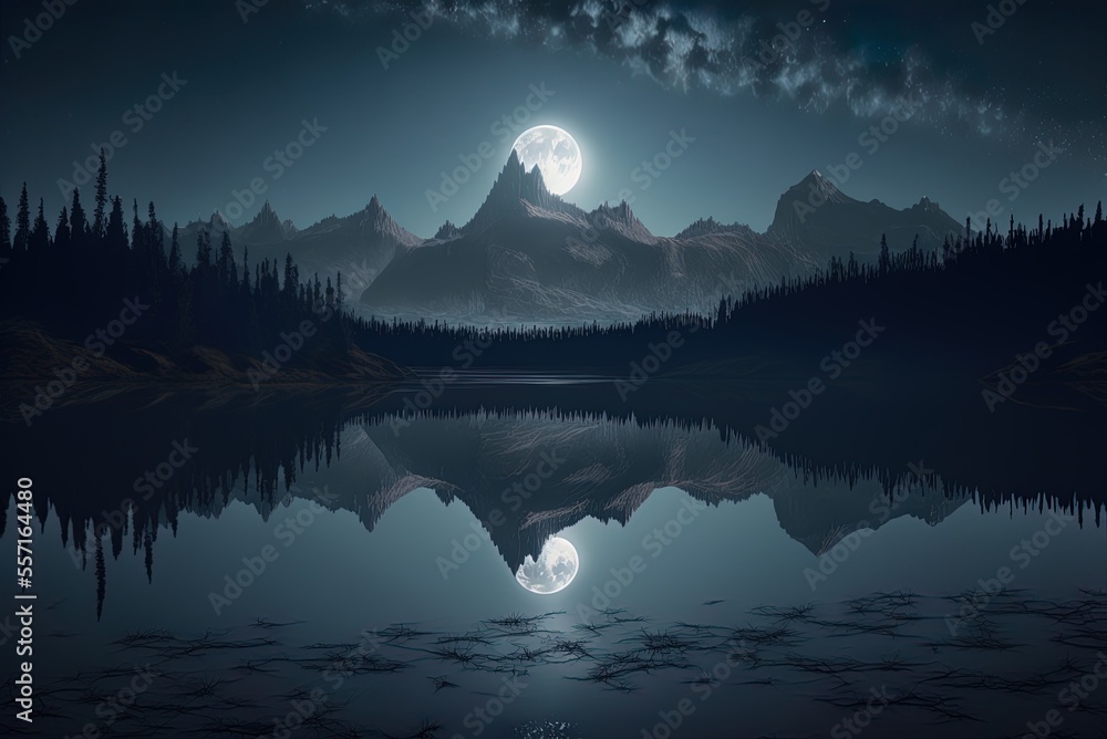 Wall mural Landscape elements at night: woodland and river. Mountains, starry sky. Moonlight reflected on a lake. Nature as a backdrop, dark and futuristic. Generative AI - Wall murals