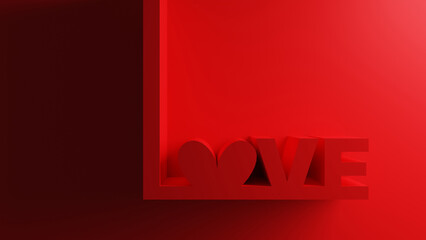 Love text on red background. 3D Render. Happy valentine day concept.