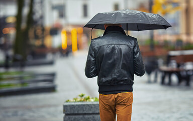 Alone man with umbrella. Man with umbrella walk on city street on rainy day. Back view of stylish...
