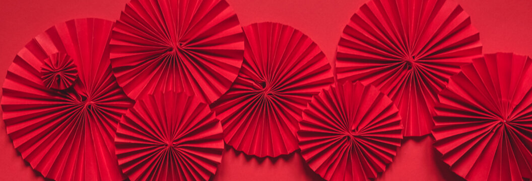 Chinese New Year 2023 .Decor pattern fan on red background. Red paper fans .Lunar New Year banner template. Lunar New Year,chinese banner,chinese new year background
