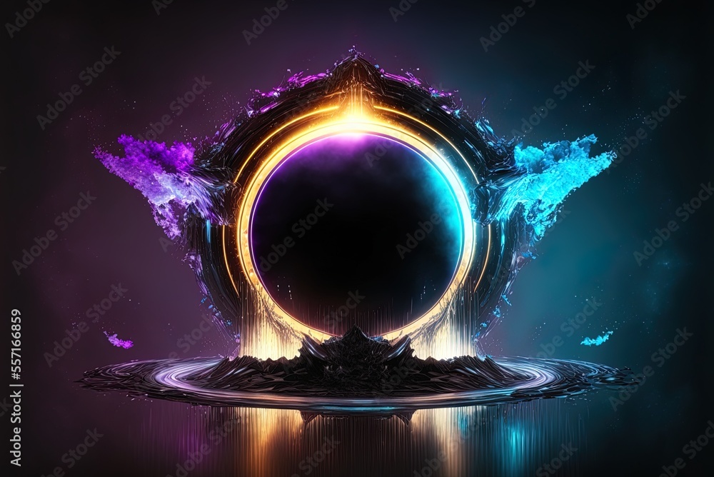 Poster abstract neon lights in the style of the modern, future era. central massive object, empty sky in th