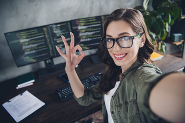 Photo of busy confident lady it specialist wear glasses recording video vlog showing okey indoors...