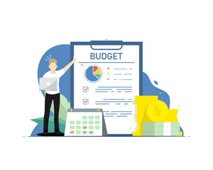 Planning budget concept, Human standing with calendar, Digital marketing illustration.