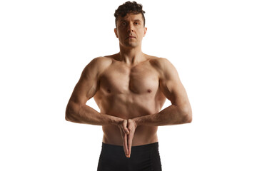 Fototapeta premium Portrait of mature handsome man posing shirtless in black underwear over white studio background. Muscular, relief, toned body. Men's health and beauty