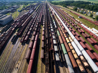 Railway Network With Wagons in Lithuania. Radviliskis City. Terminal and Station in Background.