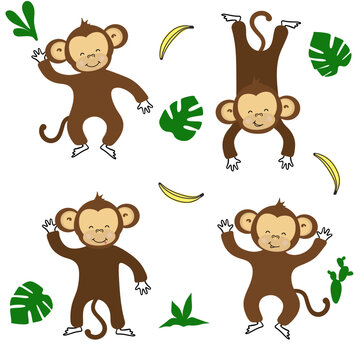 Cute funny monkeys colorful collection. Monkeya and bananas and tropical leaves