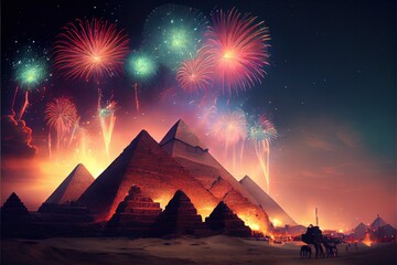 Fototapeta na wymiar New year's fireworks in Egypt, generative ai