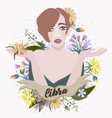 Libra. Zodiac sign. Vector isolated composition with lettering on light background. Horoscope concept. Woman who spread her arms apart.