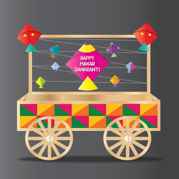 Happy makar sankranti festival indian festival of kites harvest beautiful cart design with colorful kites