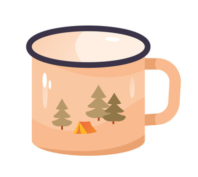 Hiking iron mug with the image of the forest. Vector illustration in a flat style.
