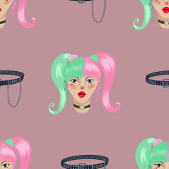 E girl illustration of a girl with pink and blue hair, red lips. There are red hearts on the cheeks under the eyes. Seamless pattern for fabric, textile, wrapping paper..