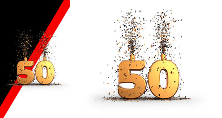Naklejka premium cinquante ans, ou cinquantième anniversaire, mot en 3D doré avec canon à confettis sur fond transparent - rendu 3D 