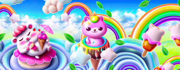 Naklejka premium Playful animal ice-cream wonderland. AI generated.