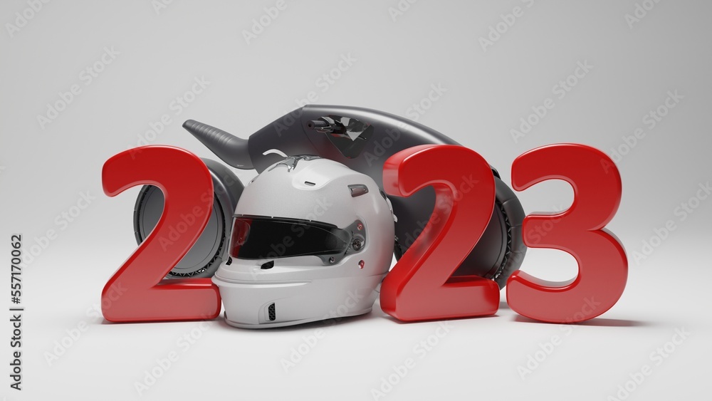 Aufkleber 3d rendering of the date 2023 and a futuristic motorcycle. a sports helmet for riding a motorcycle i