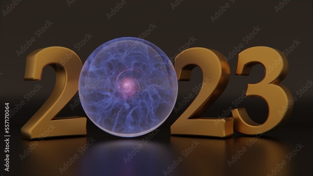 Poster 3d rendering of the new year's date 2023. the text is made of gold. instead of zero, a mysterious sp