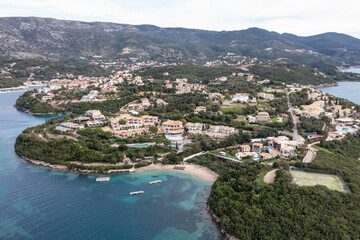 Fototapeta na wymiar Syvota Greece. Aerial view of Sivota sandy beach, Epirus Ionian coast.