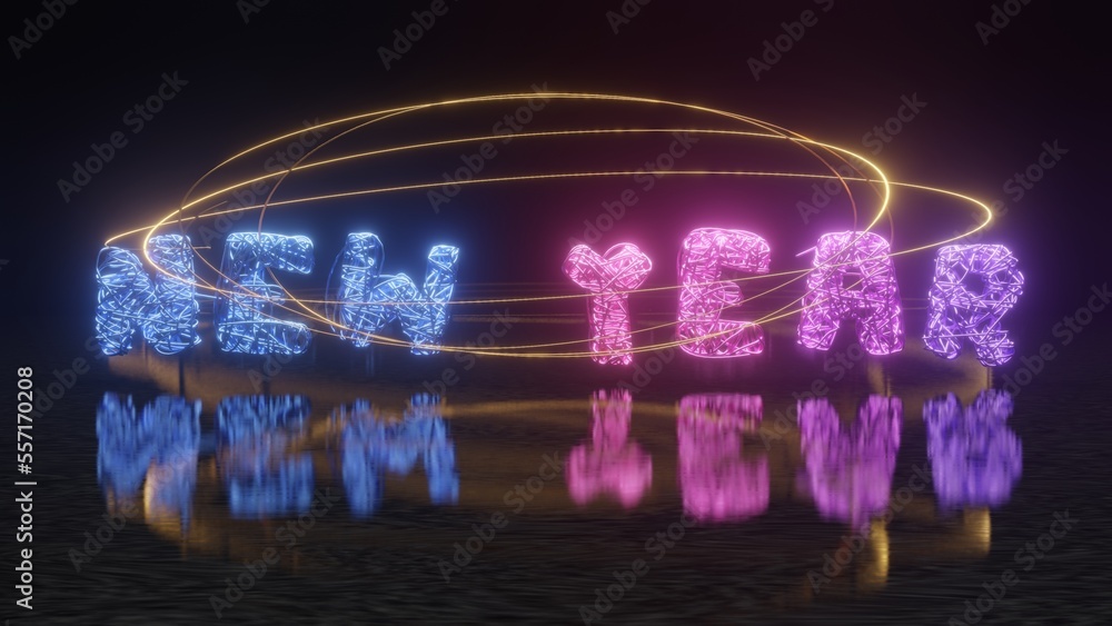 Poster 3d rendering of the new year text. the text and date are formed from many shining threads. a web of 