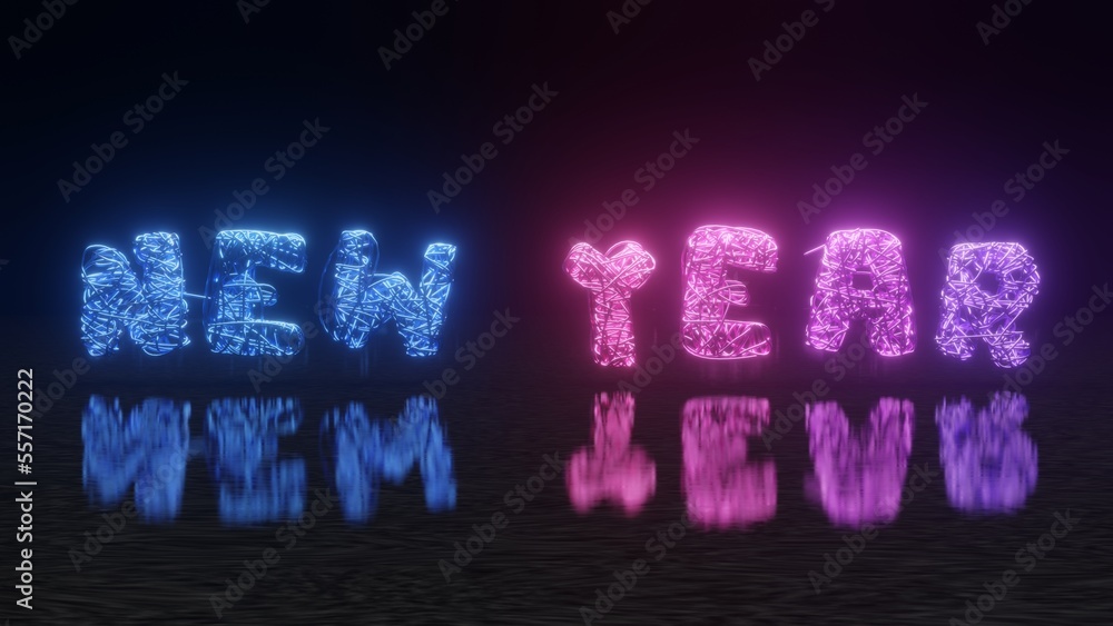 Poster 3d rendering of the new year text. the text and date are formed from many shining threads. a web of 