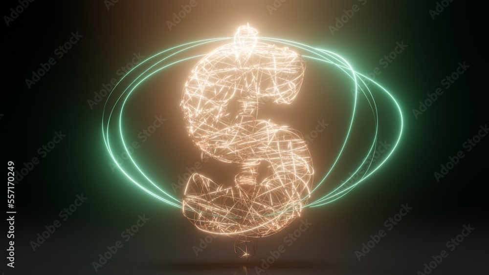 Poster 3d rendering, a dollar symbol made of many threads and rays of neon light. beautiful 3d illustration