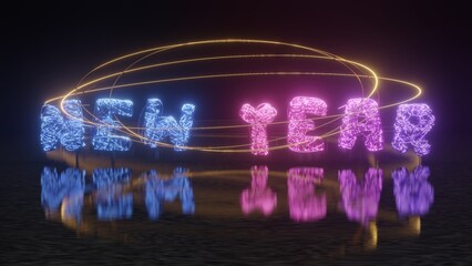 3d rendering of the NEW YEAR text. The text and date are formed from many shining threads. A web of rays of light forms the text of the new year. Illustration for postcards and calendars.