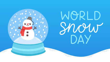 World Snow Day. Christmas snow ball with little snowman and snowflakes. Flat design vector