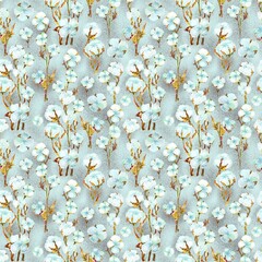 Watercolor seamless pattern with cotton buds and branches