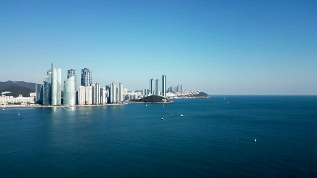 Marine City downtown Haeundae city skyscrapers aerial view in Busan, South Korea