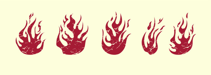 Fire illustration element design with rusty texture vintage style. silhouette of flames in set.