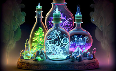 Alchemist worktable. Wizard laboratory with scientific flasks and potions, ai illustration