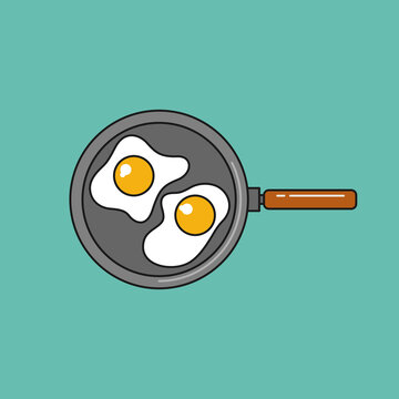 The illustration shows a broken chicken egg in a frying pan. Image of scrambled eggs. Simple vector illustration.