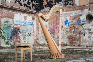 Luxury Harp Music Instrument in Abandoned Building Background