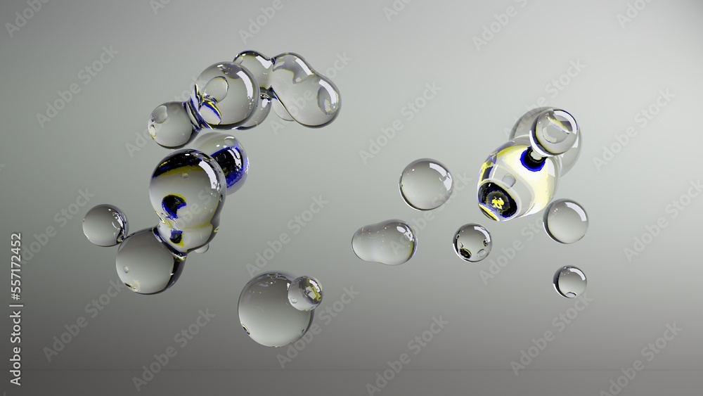 Poster 3d rendering of many water droplets in zero gravity that merge with each other. abstract 3d image fo