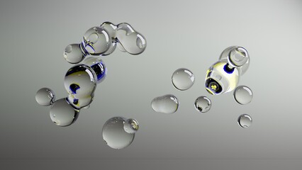 3d rendering of many water droplets in zero gravity that merge with each other. Abstract 3d image for compositions.