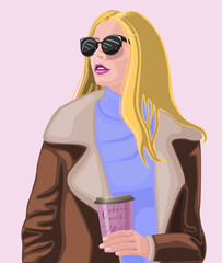 Illustration of a young fashionable woman with cup coffee. A girl wearing sunglasses.
