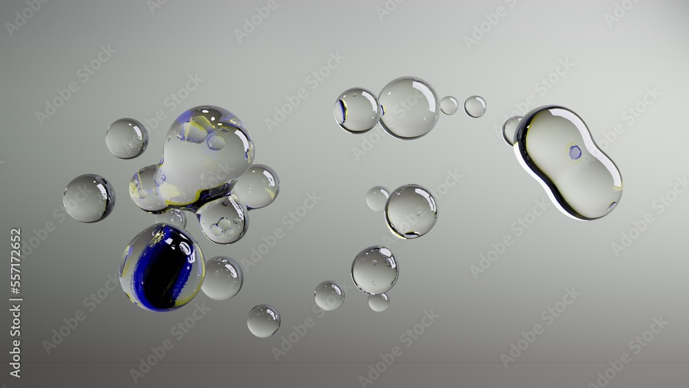 Poster 3d rendering of many water droplets in zero gravity that merge with each other. abstract 3d image fo