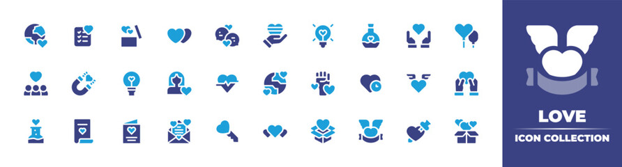 Love icon collection. Duotone color. Vector illustration. Containing mother earth day, wishlist, gift, hearts, chat, love, love potion, tolerance, attraction, idea, women rights, heart rate, and more.