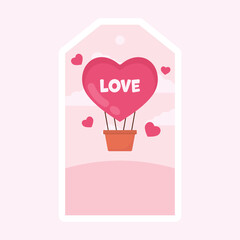 Flying Hearts With Hot Air Balloon Over Pink Clouds Pentagon Background For Love Tag Or Sticker Design.