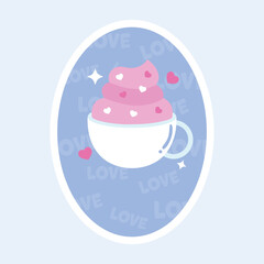 Hearts Sprinkled Creamy Cup Against Blue Love Text Seamless Oval Background.