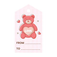 Cute Red Teddy Bear With Love Text Against Pink Pentagon Tartan Background For Sticker Or Tag, Label Design.