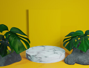 Yellow Product Display 3D Marble Podium with Nature Minimal Background - 557173446