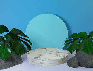 Blue Product Display 3D Marble Podium with Nature Minimal Background - 557173816