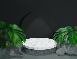 Black Minimal Product Display 3D Marble Podium with Nature Minimal Background - 557173857